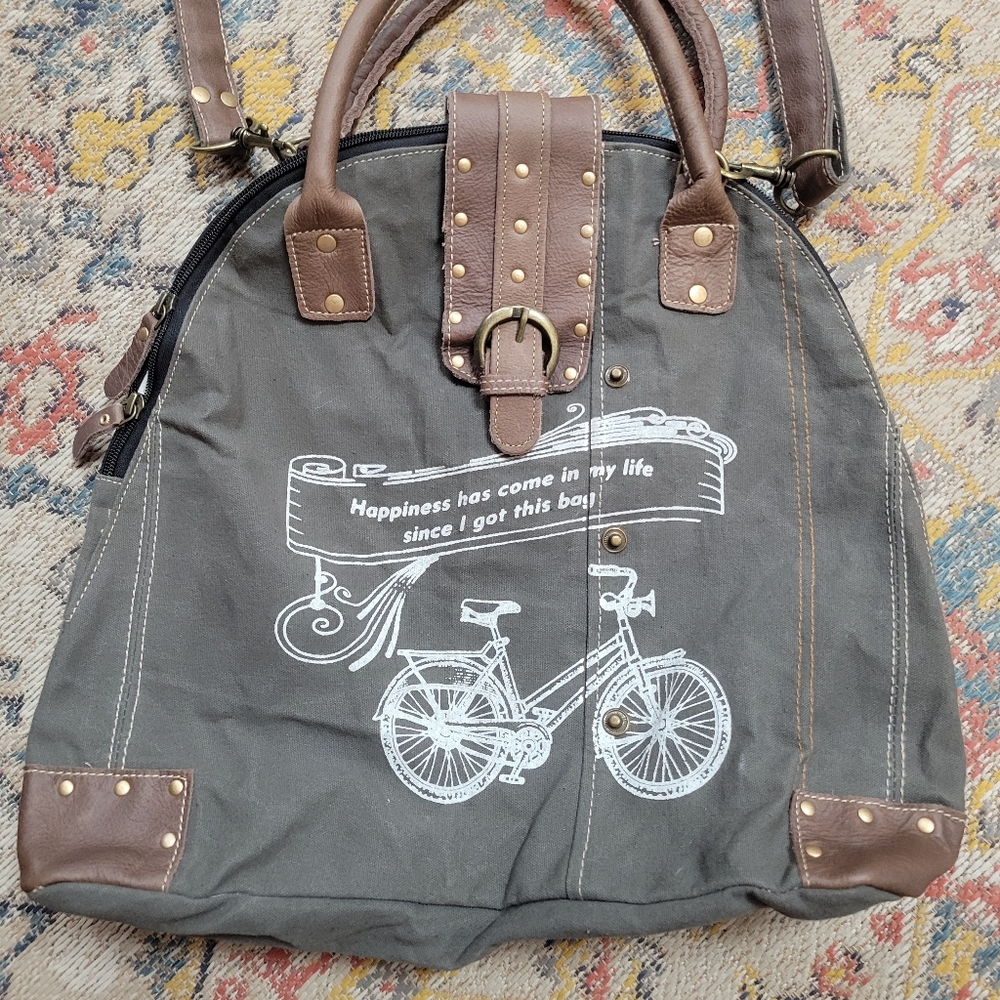 Myra Bag Gray Canvas Crossbody Tote with Brown Accents and White Bicycle Print